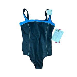Fit 4 U QVC One Piece Swimsuit Black Blue Trim Plus Sz 16 NWT Light Pad NO wire